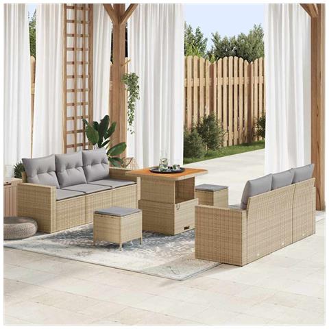 Set Divano da Giardino  9 Pezzi con Cuscini Beige in Rattan Polimerico e Acacia, Set da Giardino  3 Pezzi con Cuscini Beige in Rattan Polimerico e Acacia - Foto 2