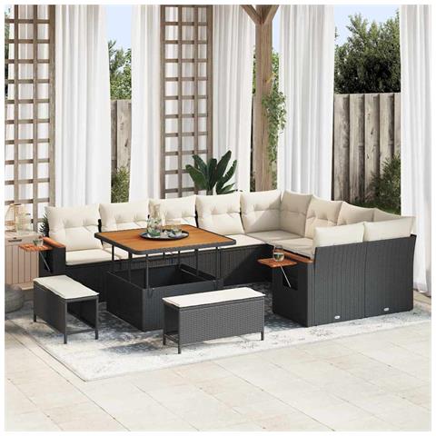 Set Divano Giardino 12 Pezzi con Cuscini Rattan Nero Acacia, Set da Pranzo Giardino 3 Pezzi con Cuscini Rattan Nero Acacia - Foto 2