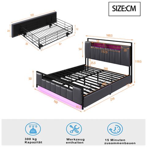Letto Imbottito Multifunzionale Con Cassetti E Illuminazione Led - Foto 3