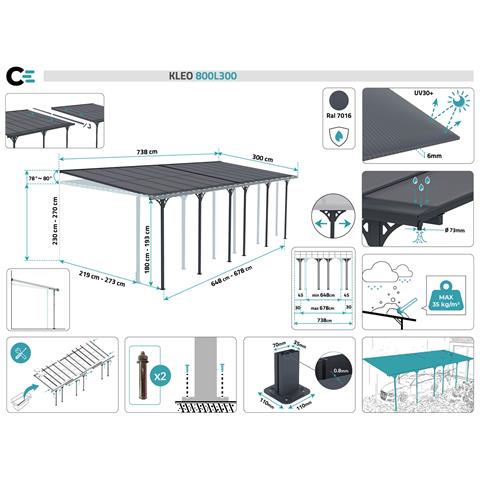 Pergola Addossata/posto Auto Coperto 24m² Kleo 800l300 Alluminio Grigio - Foto 7