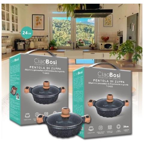 Trade Shop - Pentola Tegame Per Zuppa Rivestito Granito Con Coperchio Fondo Basso 24cm T-9480 - Foto 1