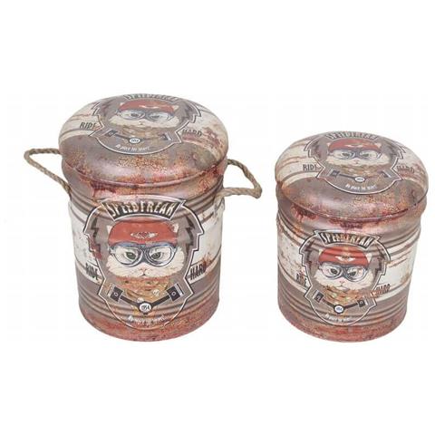 Set 2 Pouf Contenitori Da Seduta In Mdf E Pvc Con Grafiche 3d Linea Industrial - Brown - Foto 1