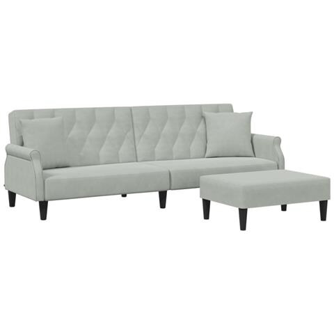 Divano Letto 2posti Cuscini E Poggiapiedi Grigio Chiaro Velluto - Foto 1