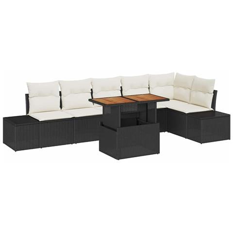 Set da Pranzo da Giardino 7 Pezzi con Cuscini Nero Polyrattan Acacia - Foto 1