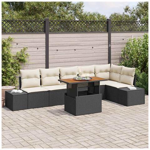 Set da Pranzo da Giardino 7 Pezzi con Cuscini Nero Polyrattan Acacia - Foto 2