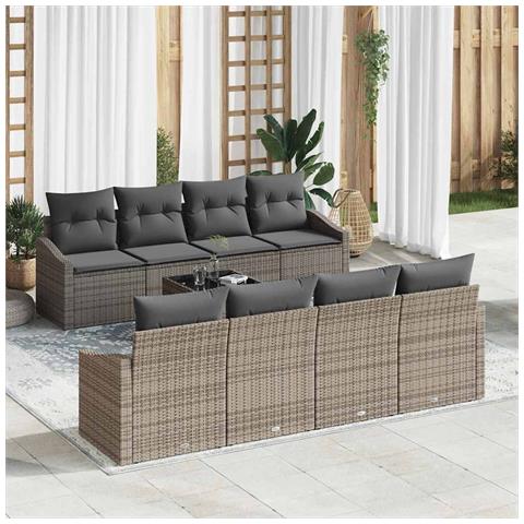 Set di divani da giardino 9 pezzi con cuscini Grigio Polyrattan - Foto 2