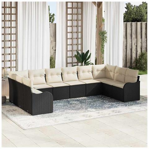 Set di divani da giardino di 10 pezzi con cuscini in polirattan nero, Divano da giardino per 2 persone con cuscini in polirattan nero - Foto 2