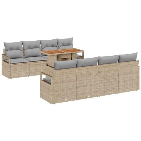 Set divano da giardino a 9 pezzi con cuscini in rattan policarbonato beige, Divano da giardino a 2 posti con cuscini in rattan policarbonato beige - Foto 1