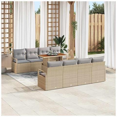 Set divano da giardino a 9 pezzi con cuscini in rattan policarbonato beige, Divano da giardino a 2 posti con cuscini in rattan policarbonato beige - Foto 2