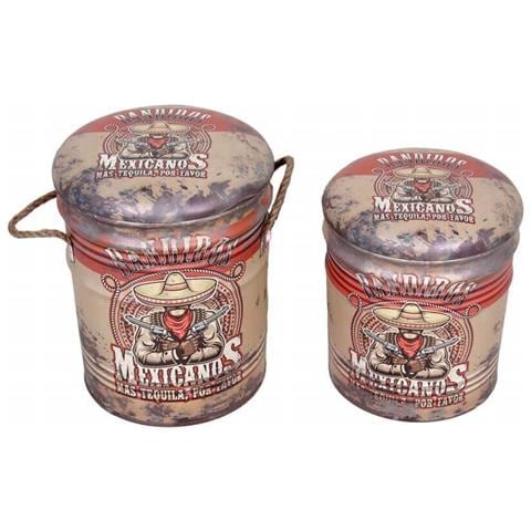 Set 2 Pouf Contenitori Da Seduta In Mdf E Pvc Con Grafiche 3d Linea Industrial - Beige - Foto 1