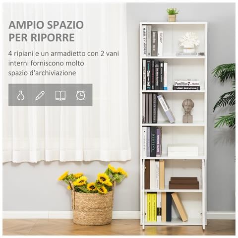 Libreria Moderna 4 Ripiani Con Armadietto A 2 Ante In Legno, 59x29x180cm Bianca - Foto 2