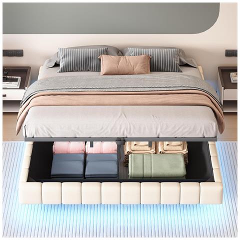 Letto Imbottito 180x200 Cm, Struttura Letto Flottante Idraulica, Senza Testiera , Beige - Foto 1