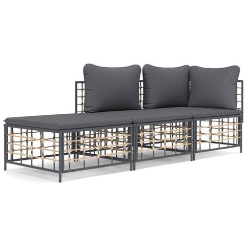 Set Divani da Giardino 3 pz con Cuscini Antracite in Polyrattan - Foto 1