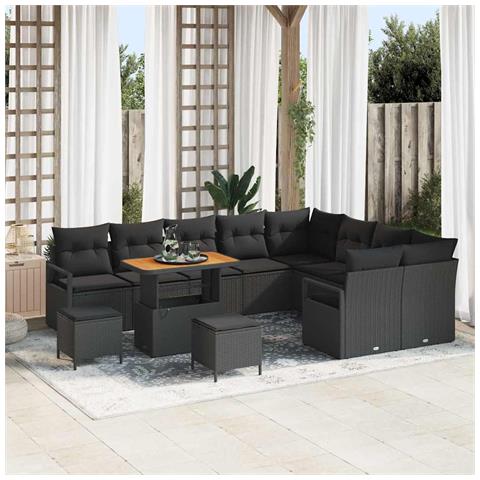 Set divano giardino 12 pezzi con cuscini rattan polyrattan nero acacia, Set da pranzo giardino 3 pezzi con cuscini rattan polyrattan nero acacia, Divano giardino 2 posti con cuscini rattan polyrattan nero - Foto 2