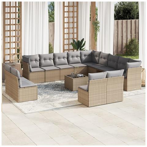 Set Divani da Giardino 14pz con Cuscini in Polyrattan Beige - Foto 2