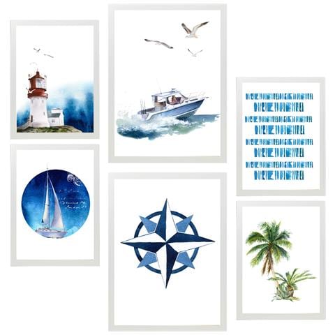 Set Di 6 Stampe Composizione Di Pittura Decorativa Mare E Spiaggia Incorniciata Con Illustrazioni Di Design Per La Decorazione Murale A3 & A4 Cornice Bianca - Foto 1