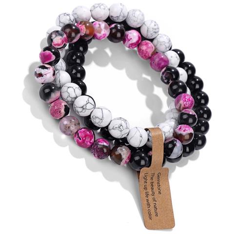 Set Di Braccialetti Con Pietre Vulcaniche - 3 Pezzi, Braccialetto Elastico In Agata Occhio Di Gatto Multicolore - Foto 2