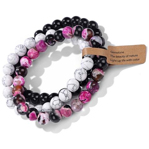 Set Di Braccialetti Con Pietre Vulcaniche - 3 Pezzi, Braccialetto Elastico In Agata Occhio Di Gatto Multicolore - Foto 4