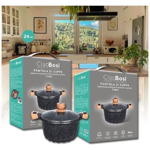 Trade Shop - Pentola Tegame Per Zuppa Rivestito In Granito Con Coperchio Vetro 24 Cm T-9482 - Foto 1