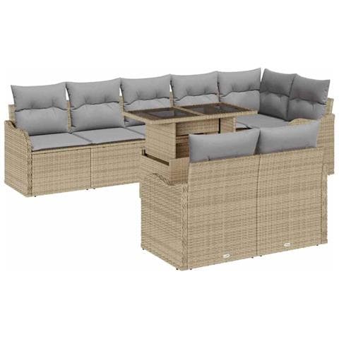 Set Divano da Giardino 9 Pezzi con Cuscini Beige Poly Rattan, Divano da Giardino 2 Posti con Cuscini Beige Poly Rattan - Foto 1