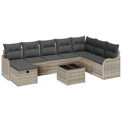 Set Divano da Giardino a 9 Pezzi con Cuscini in Rattan Poly Grigio Chiaro,  Divano da Giardino a 2 Posti con Stoccaggio e Cuscini in Rattan Poly Grigio Chiaro - Foto 1