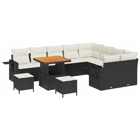 Set Divano Giardino 12 Pezzi Cuscini Neri Polyrattan Acacia, Set Pranzo Giardino 3 Pezzi Cuscini Neri Polyrattan Acacia - Foto 1