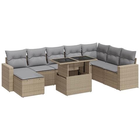 Set Divano da Giardino 9 pz con Cuscini Beige in Polyrattan - Foto 1