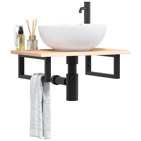 Ripiano a Parete per Lavabo in Acciaio e Massello di Rovere - Foto 2