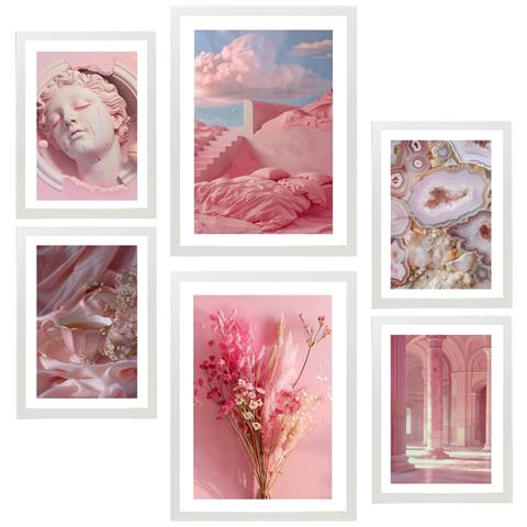 Set Di 6 Stampe Dipinto Decorativo Composizione Rosa Incorniciato Con Illustrazioni Di Design Per La Decorazione Della Parete A3 & A4 Cornice Bianca - Foto 1