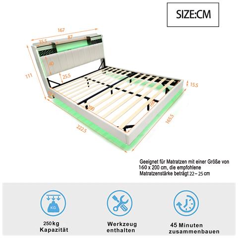 Letto Con Testata Multifunzionale, Luci Led Integrate E Sistema Di Archiviazione Smart - Foto 3