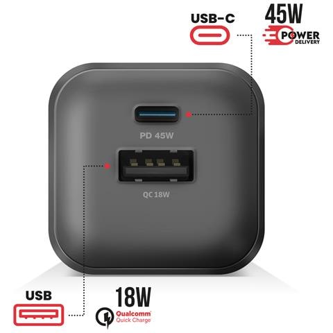 Caricabatterie Usb-c Gan 45w + Usb 18w Carica Rapida Design Compatto, Nero - Foto 5