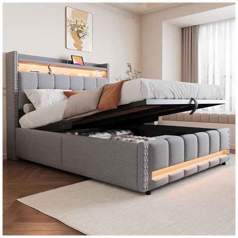 Letto Imbottito 140x200cm, Con Sistema Idraulico Per Il Contenimento, Matrimoniale, Grigio Chiaro - Foto 1