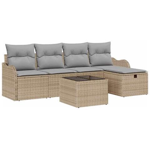 Set di divani da giardino a 6 pezzi con cuscini beige in rattan poli, Divano da giardino a 2 posti con spazio di stoccaggio e cuscini beige in rattan poli - Foto 1