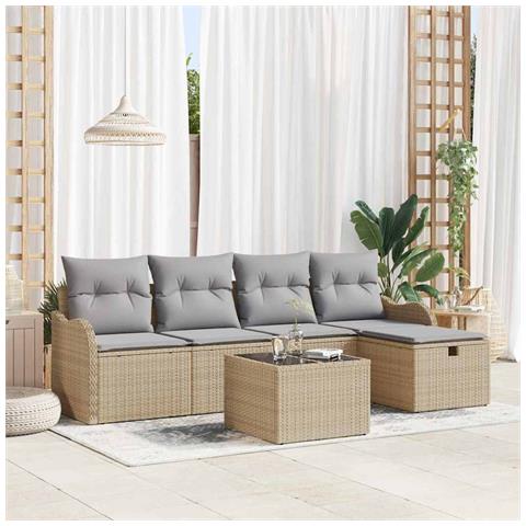 Set di divani da giardino a 6 pezzi con cuscini beige in rattan poli, Divano da giardino a 2 posti con spazio di stoccaggio e cuscini beige in rattan poli - Foto 2