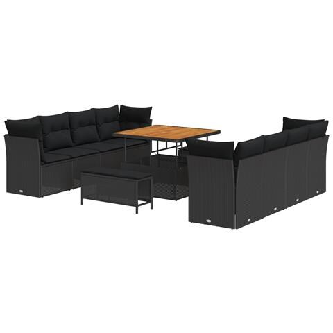 Set di divani da giardino di 11 pezzi con cuscini in rattan polietilene nero, acacia,  Set da pranzo da giardino di 3 pezzi con cuscini in rattan polietilene nero, acacia - Foto 1