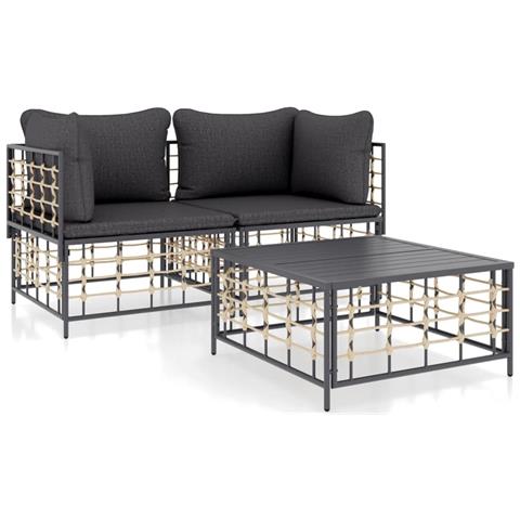 Set Divani da Giardino 3 pz con Cuscini Antracite in Polyrattan - Foto 1