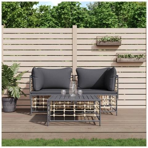 Set Divani da Giardino 3 pz con Cuscini Antracite in Polyrattan - Foto 2