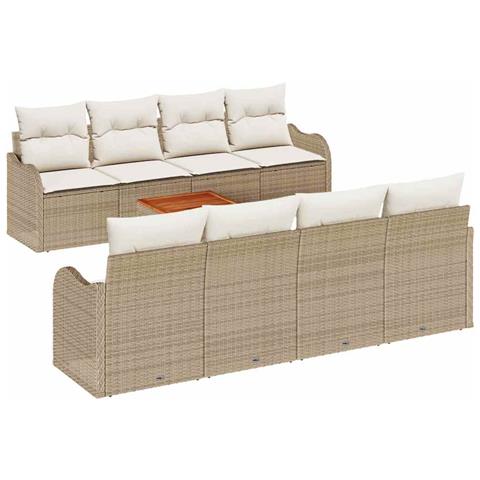 Set Divano da Giardino  9 Pezzi con Cuscini Beige Polyrattan Acacia, Divano da Giardino  2 Posti con Cuscini Beige Polyrattan - Foto 1
