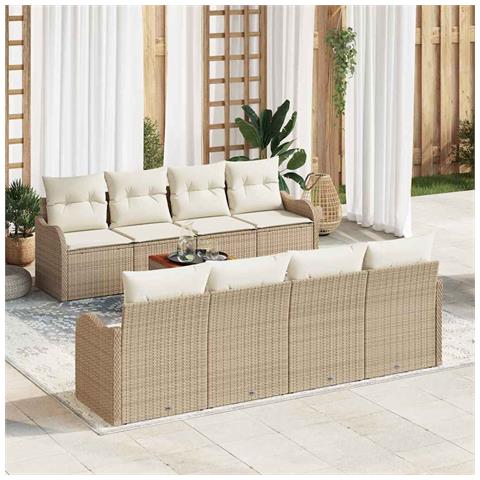 Set Divano da Giardino  9 Pezzi con Cuscini Beige Polyrattan Acacia, Divano da Giardino  2 Posti con Cuscini Beige Polyrattan - Foto 2