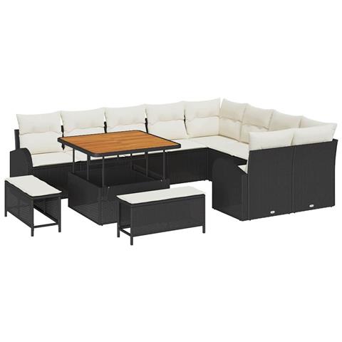 Set Divano Giardino 12 Pezzi Nero Polyrattan Acacia, Divano Giardino 2 Posti con Ripostiglio e Cuscini Nero Polyrattan, Set Pranzo Giardino 3 Pezzi con Cuscini Nero Polyrattan Acacia - Foto 1