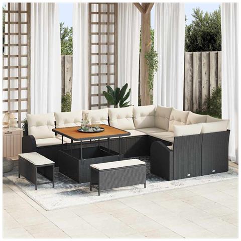 Set Divano Giardino 12 Pezzi Nero Polyrattan Acacia, Divano Giardino 2 Posti con Ripostiglio e Cuscini Nero Polyrattan, Set Pranzo Giardino 3 Pezzi con Cuscini Nero Polyrattan Acacia - Foto 2