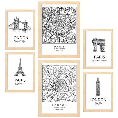 Set Di 6 Stampe Da Parigi E Londra Collezione Di Pannelli Con Collage Estetico Per La Decorazione D'interni A3 & A4 Telaio In Legno Chiaro - Foto 1