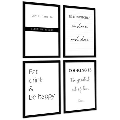 Set Di 4 Stampe Stampa Con Citazioni In Cucina Messaggi Stampa Illustrazioni Cartelli In Bianco E Nero In Moderno Per Cornice Nera A4 - Foto 1