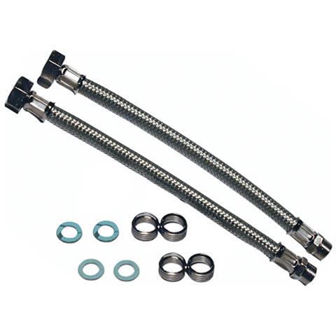 Flessibile In Treccia Di Fili D'acciaio Inox, Guaina Interna In Tubo Di Gomma Resistente Fino A 100ã¸, Attacchi 1/2"" Femmina E 3/8"" Maschio, Con 4 Riduzioni 3/8"" - 1/2"" E Guarnizioni. Misura Cm. 25 - Foto 1