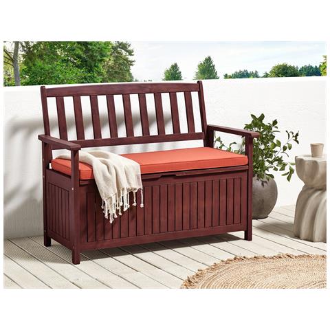 Panca Da Giardino Legno Di Acacia Rosso Mogano Con Vano Contenitore E Cuscino Rosso 120 Cm Sovana - Foto 1