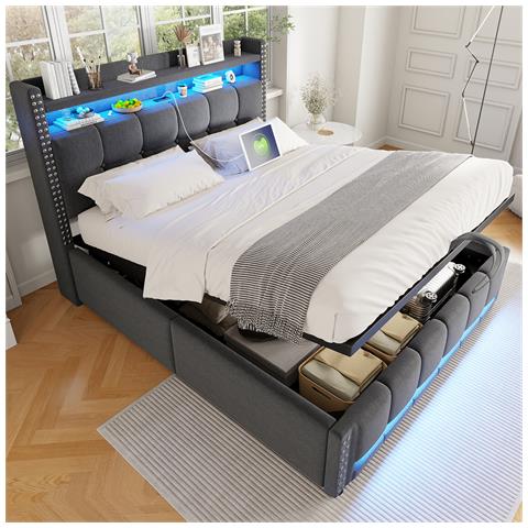 Letto Imbottito 160x200cm, Con Sistema Idraulico Per Il Contenimento, Matrimoniale, Grigio - Foto 1