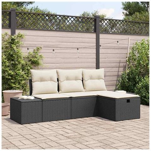 Set di divani da giardino di 4 pezzi con cuscini in polyrattan nero - Foto 2