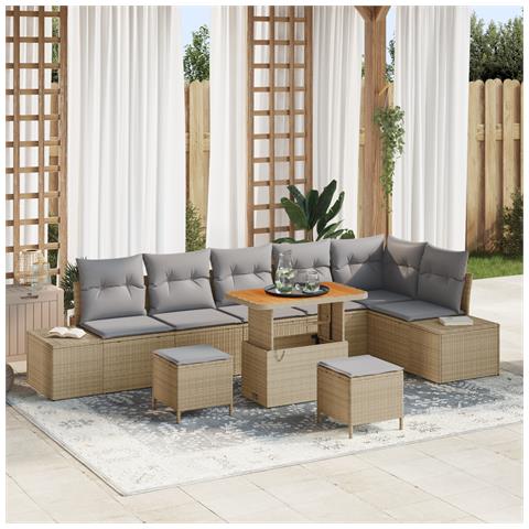 Set Divano da Giardino  9 Pezzi con Cuscini Beige Polyrattan Acacia, Divano da Giardino  2 Posti con Cuscini Beige Polyrattan, Set da Pranzo da Giardino  3 Pezzi con Cuscini Beige Polyrattan Acacia - Foto 2