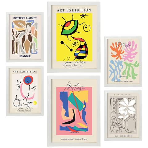 Set Di 6 Stampe Collezione Di Piatti D'arte Astratta Con Collage Estetico Per La Decorazione D'interni A3 & A4 Cornice Bianca - Foto 1