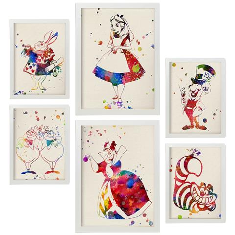 Set Di 6 Stampe Illustrazioni Ad Acquerello Di Alice Nel Paese Delle Meraviglie Tratte Da Fiabe, Film E Libri Classici Per Bambini A3 & A4 Cornice Bianca - Foto 1